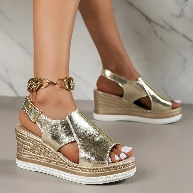 Woman Fashion Thick Sole Sandals Roman Shoes Peep Toe Wedge Sandals Women Summer Back Strap Buckle Platform Sandals 43 gold