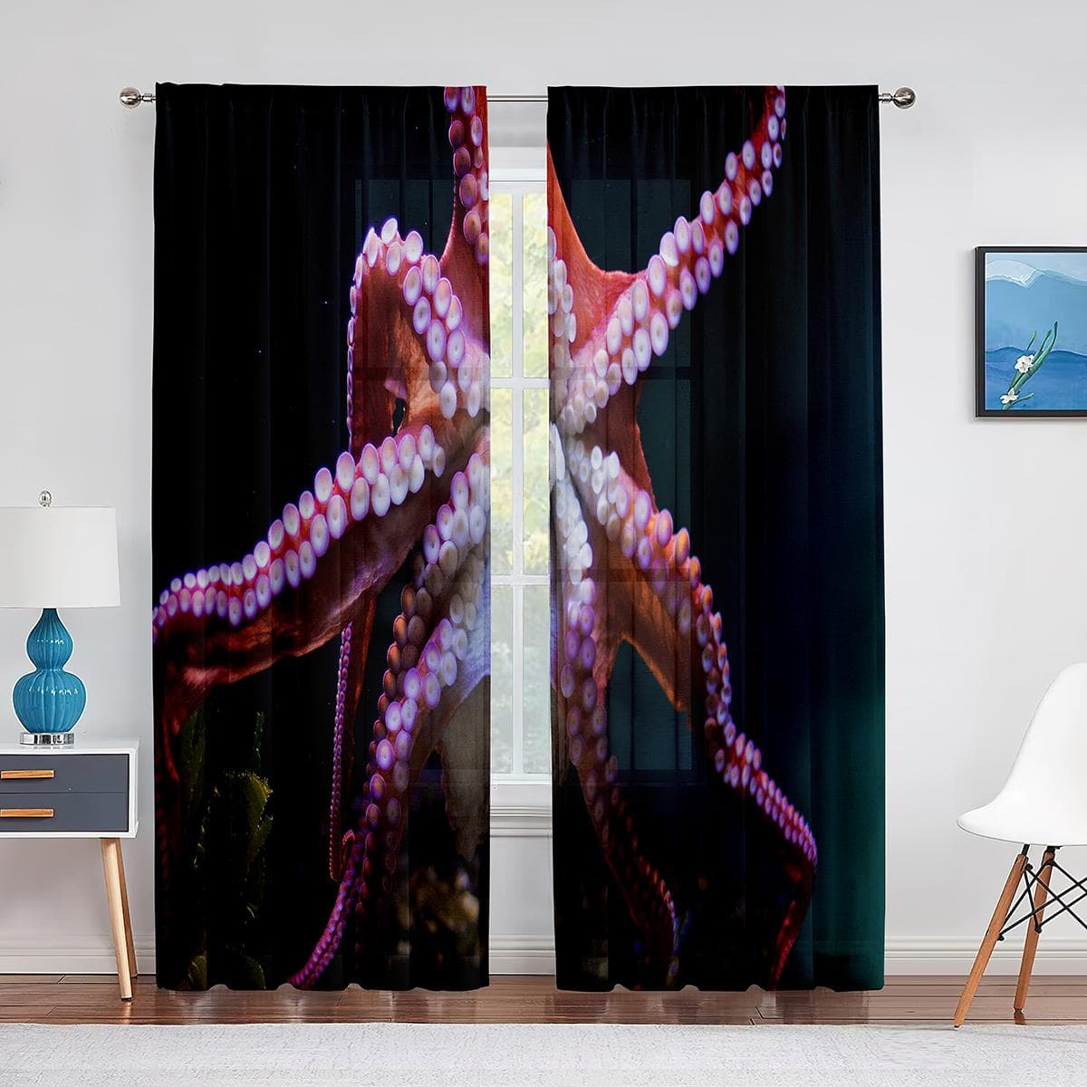 Ocean Kraken Blue Octopus Tentacles Marine Life Tulle Curtains for Living Room Bedroom Sheer Voile Window Curtains Party Drapes 1 PCS W200XH250cm&Grommet Top