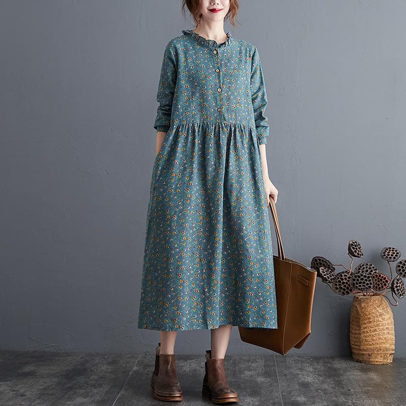 Spring and Autumn Retro Literary Cotton and Linen Loose Large Size Floral Long Dress XL light blue