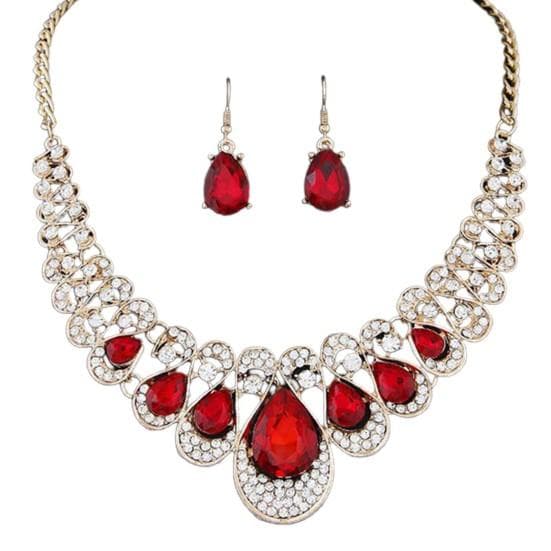 2Pcs/Set Exaggerated Noble Necklace Earrings Multicolor Water Drop Faux Gem Pendant Necklace Earrings red