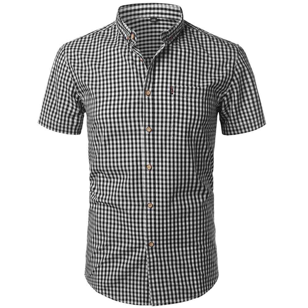Men Small Plaid Button Down Shirt Summer New Short Sleeve Slim Fit Mens Dress Shirts Casual Checks Gingham Chemise Homme XL black
