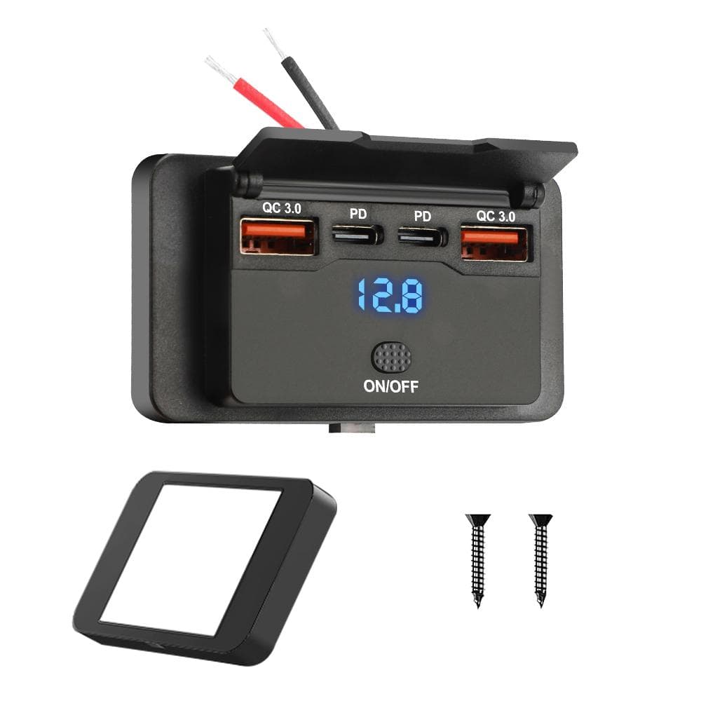 96W 4 Ports 12/24V USB C Outlet Panel Dual PD Wall Mount Car Charger Socket with Button Waterproof Socket Accessories for Car Truck Boat Bus RVs 2 QC 3.0 & 2 PD