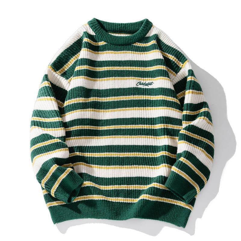 Men's Striped Knit Sweater Pullovers Oversized Knitwear Winter Korean Autumn Clothes Japanese Style sweather men XL green