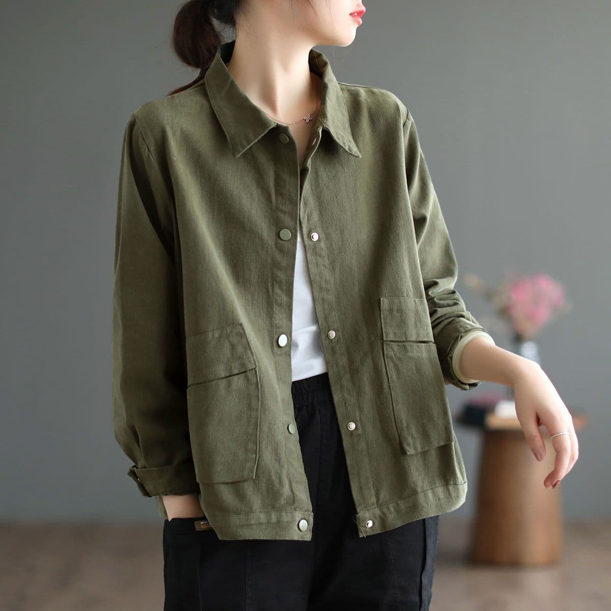 Women Casual Short Jackets Autumn Vintage Style Solid Color All-match Loose Female Cotton Outerwear Coats XL green