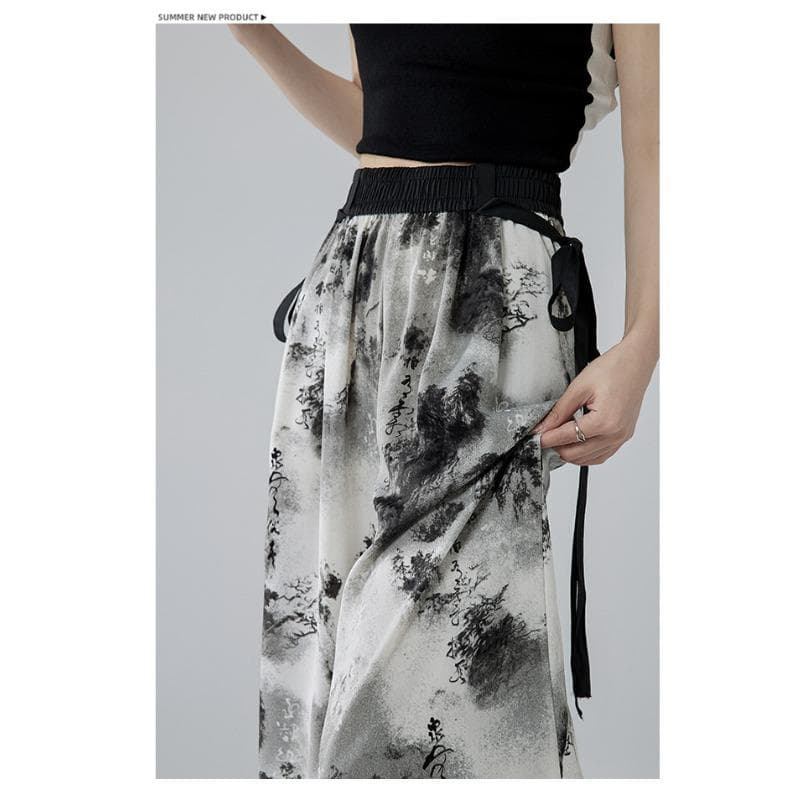 New Chinese Style Pants for Women In Summer High Waist Draping Ink Painting Wide-leg Pants To Make Them Look Slim Straight Pants XL