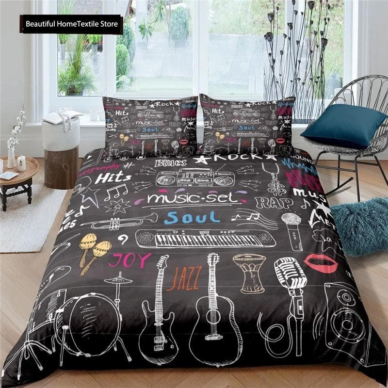 3d Music Notes Guitar Duvet Cover Set For Teens Adults Bedroom Decor Music Bedding Sets Fashion Hip Hop Comforter Cover EU Single 135x200cm