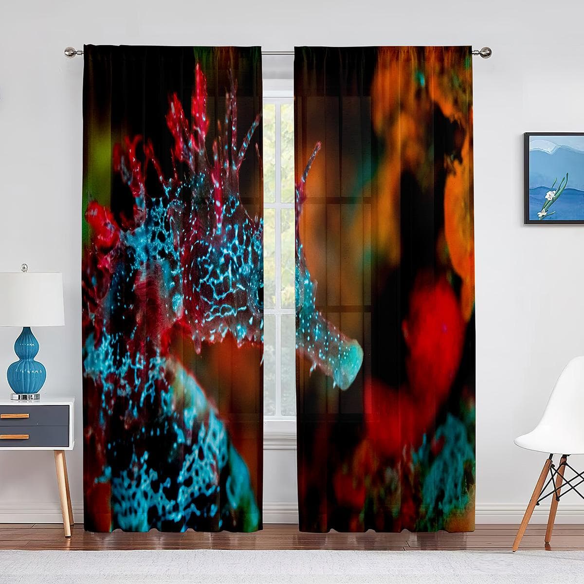 Ocean Seahorse Blue Sheer Voile Curtain Underwater Marine Life Window Tulle Curtains for Living Room Bedroom Kitchen Decoration 1 PCS W100XH250cm&Grommet Top