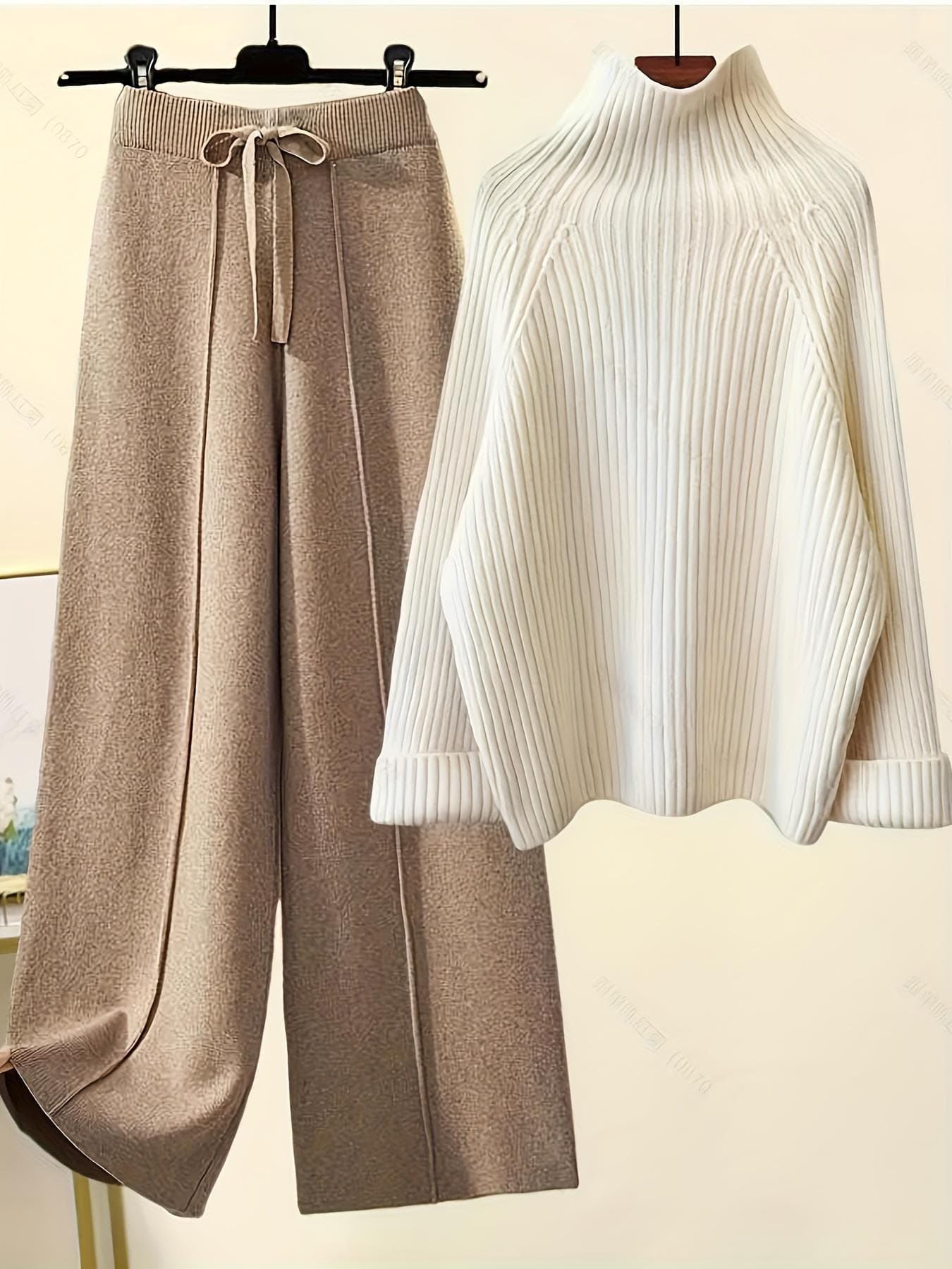 High-Neck Knit Top with Drawstring Paired with Wide-Leg Pants - For Women - Perfect for Casual & Formal Occasions - Ideal Gift for Birthday & Holidays One Size