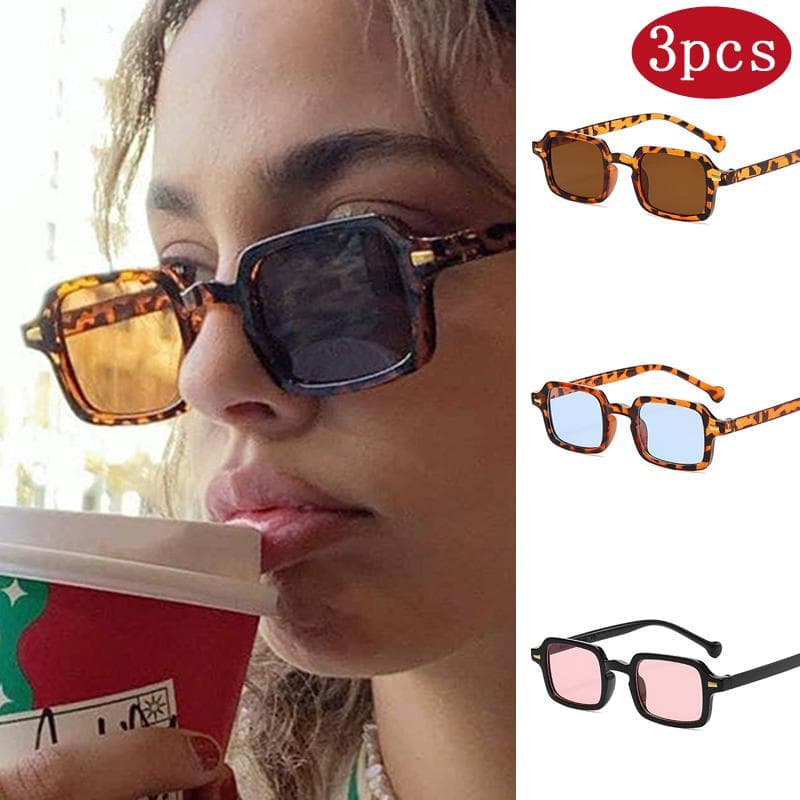 3set Fashion Rivets Square Sunglasses Women Vintage Gradient Shades Men Leopard Blue UV400 Sun Glasses