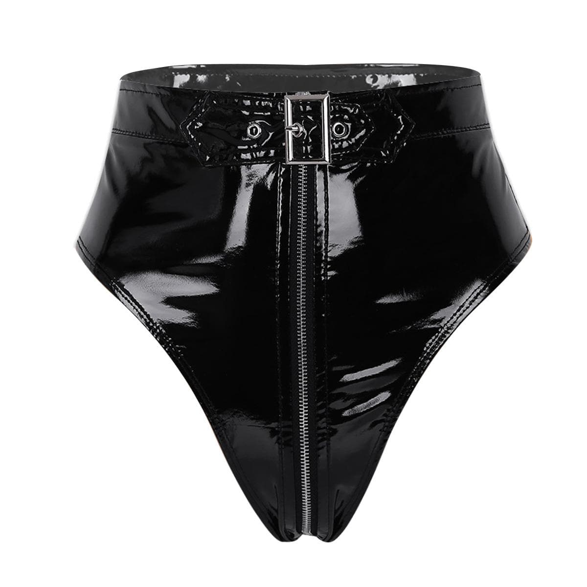 Women High Waist PV Leather High Cut Short with Front Zipper M black