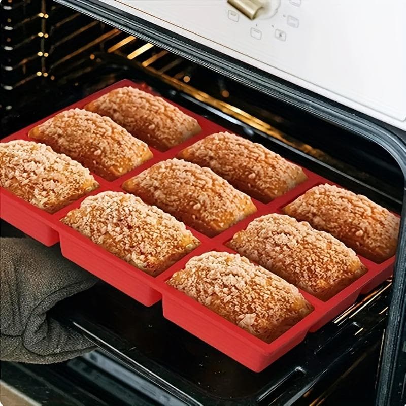 1pc, Mini Loaf Pan,9 Cavity Silicone Baking Mold For Mini Loaf Cake And Bread, Meatloaf, Cornbread, Brownie, Muffin, Rectangle Soap red