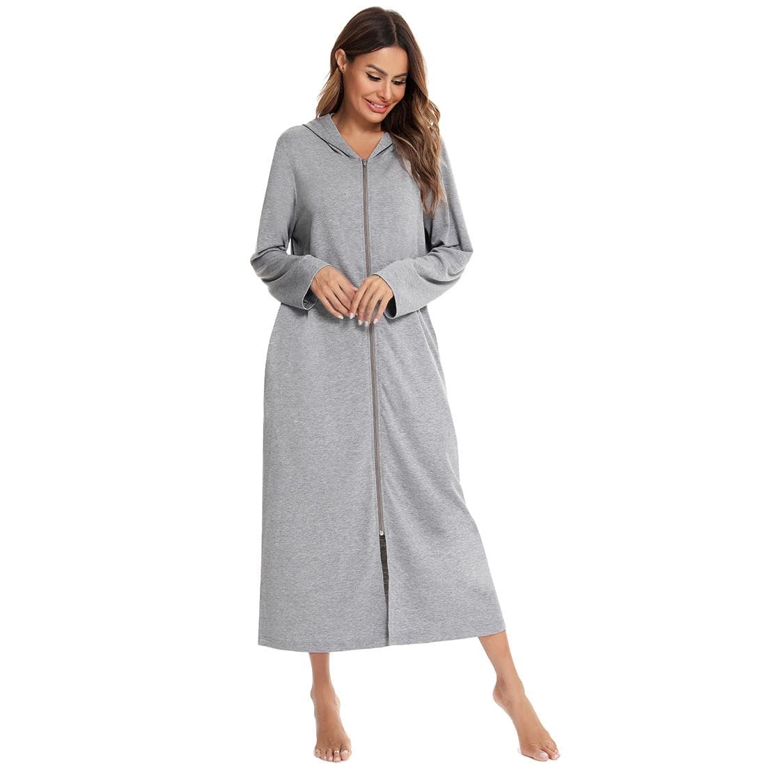 Bright Deer Womens Lightweight Hooded Robe Zip Up Bathrobes Full Length Long Sleeve Cotton Knit Soft Nightgown Kimono Zipper Housecoat Lounger Hoodie S grey