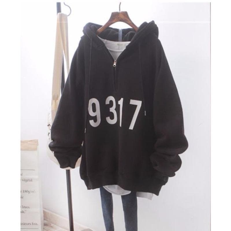 Fleece Hooded Sweater Women's Autumn and Winter New Korean Version Loose Large Size Half Zipper Jacket 4XL black