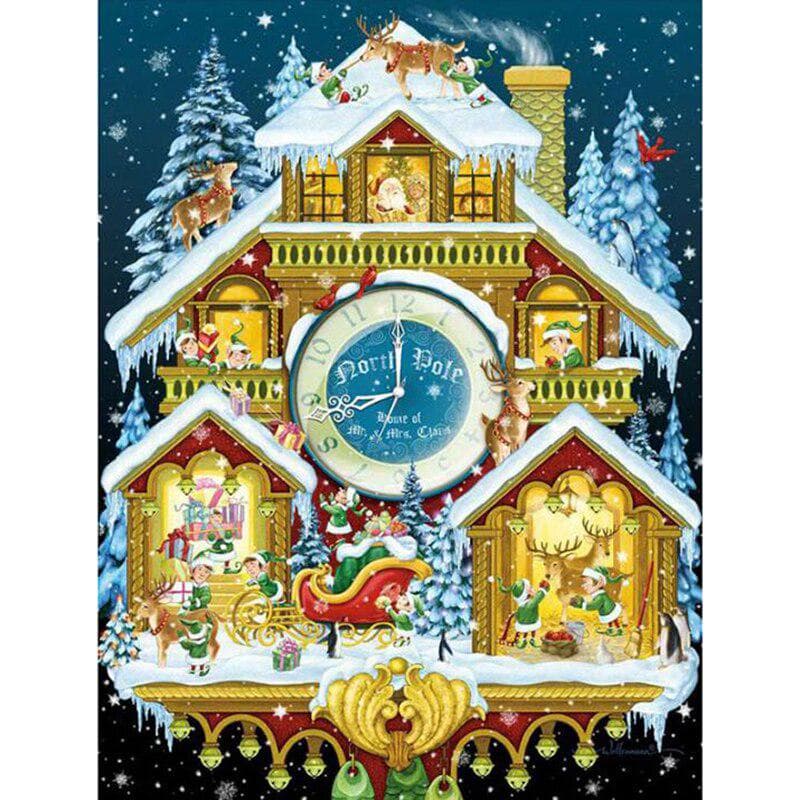 Diamond Painting Cross Stitch Full Round Drill Christmas House Clock Embroidery Rhinestone 20X30CM
