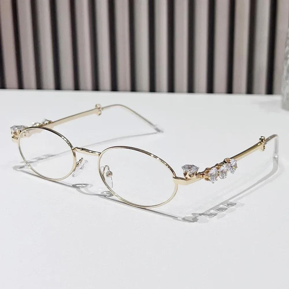 Metal Oval Shades Women Men Rhinestone Diamonds Sunglasses Unisex Bling Eyeglasses Frames Uv400 Fashion Eyewear Glasses As shown