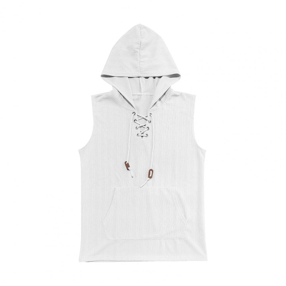 Summer Men Top Hooded Drawstring Lace-up Solid Color Sleeveless Pullover Jacquard Knitted Casual Daily Wear Mid Length Hoodie S