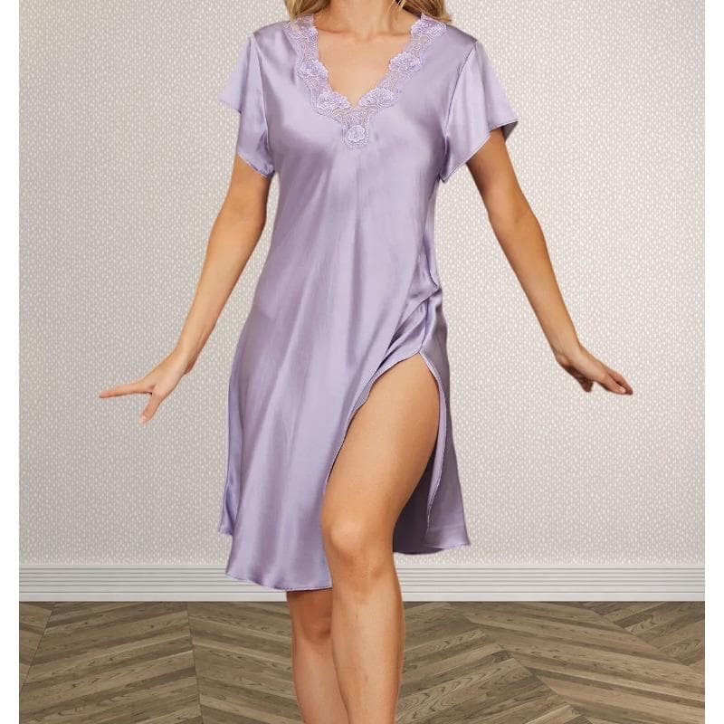 Women's Silk Lace Pajamas Sexy Silk Side Slit Silk Nightgown Short Sleeve Silk Pajamas Dress Pajamas XL
