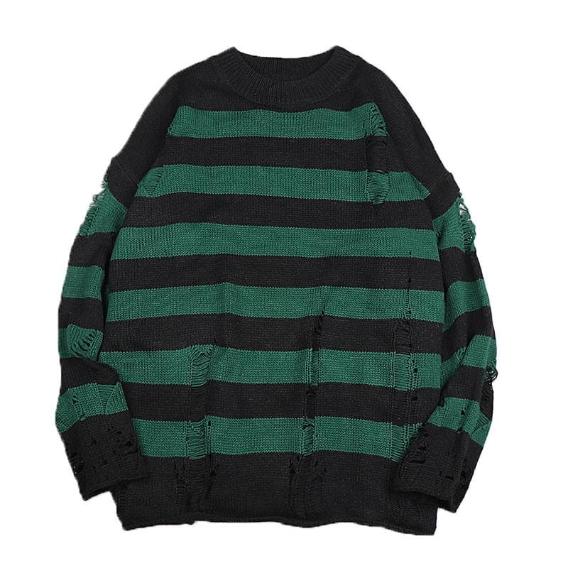 Black Stripe Sweaters Destroyed Ripped Sweater Men Pullover Hole Knit Jumpers Men Oversized Sweatshirt Harajuku Long Sleeve Tops L dark green