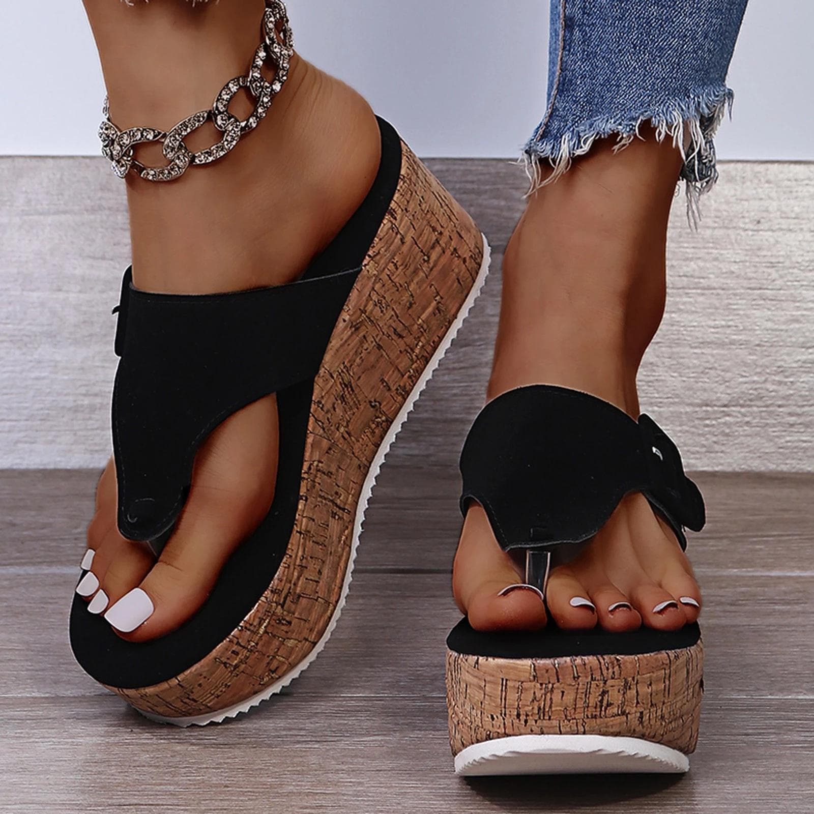 Platform Slippers Women 2024 Buckle Wedges Shoes Summer Slippers Woman Thick Bottom Sandals Flip Flops Shoes 42 black