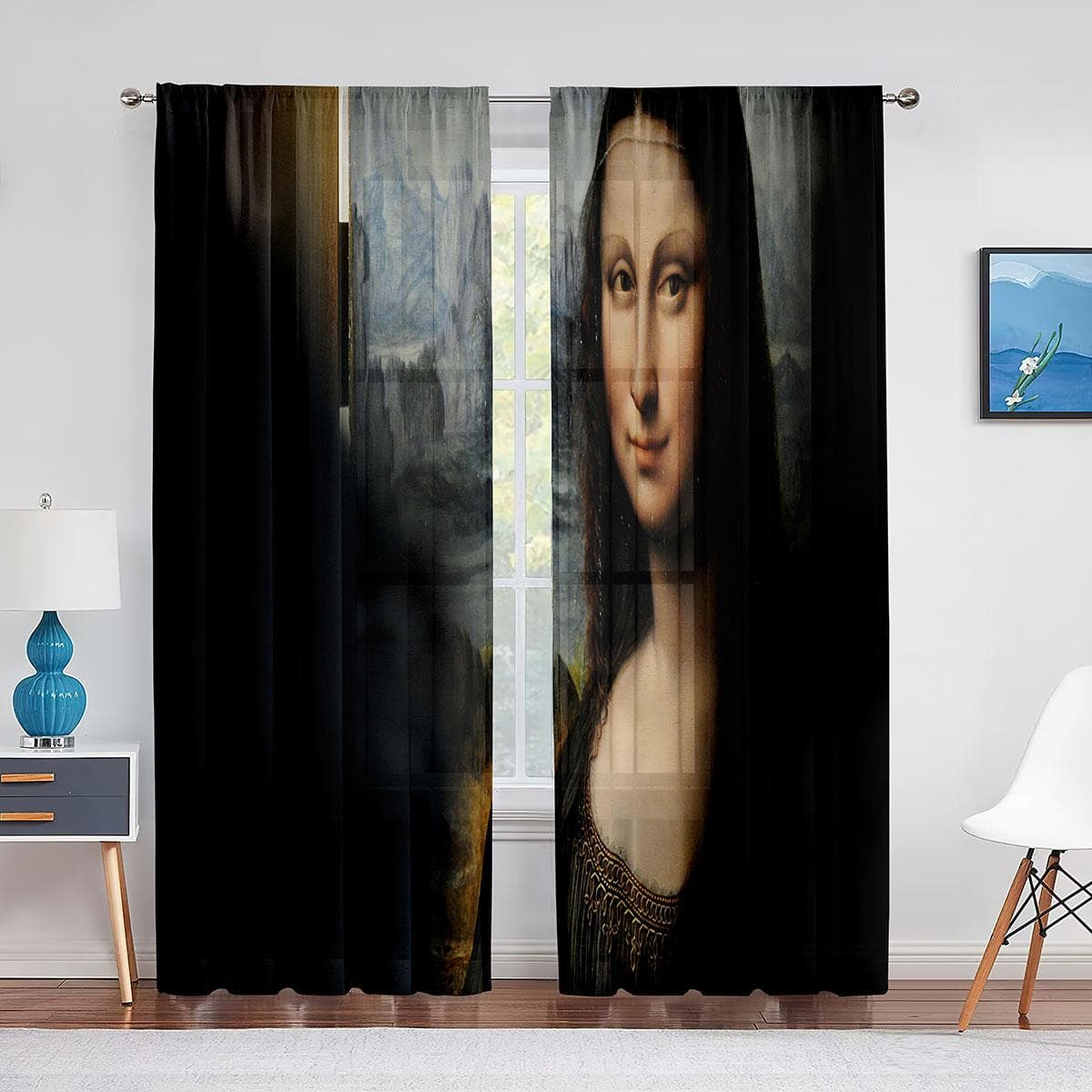 Mona Lisa and Funny Kittens Painting Tulle Curtain for Bedroom Window Curtain Luxury Cafe Hotel Decor Living Room Sheer Drape 1 PCS W200XH250cm&Rod Pocket