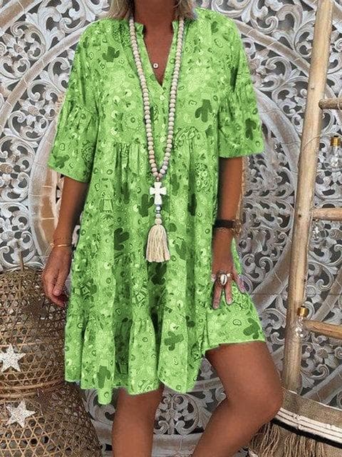 Plus Size Women's Fashion Loose Casual V neck long sleeve Floral print summer dress XXL green