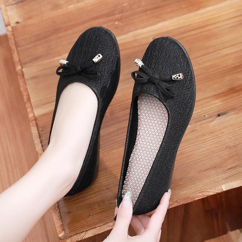 Non Slip Sole Work Shoes Shallow Cut Cloth Shoes Hollow Breathable Bow Decoration Simple Casual Spring Summer 40 black