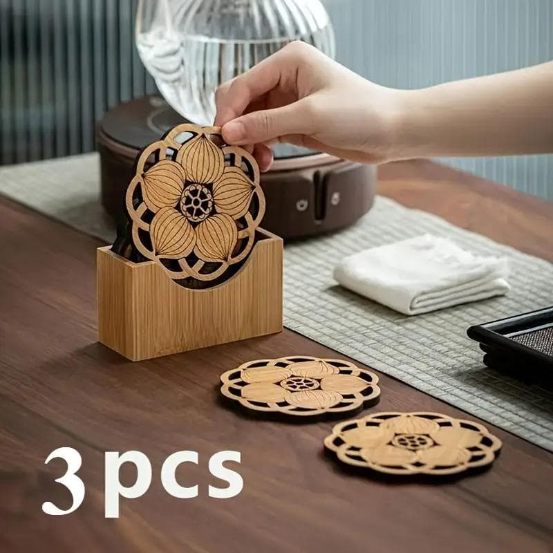 3/6pcs Elegant Bamboo Coaster Set With Floral Design Anti-Scald, Thermal Insulation, Non-Slip Tea Cup Mats For Dining Table For Kung Fu Tea Ceremonies 3pcs