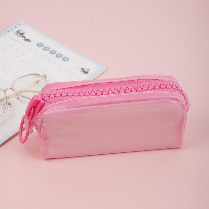 PVC Large Zipper Pencil Case Fluorescent Transparent Color Square Large Capacity Student Stationery School Supplies Storage Bag pink