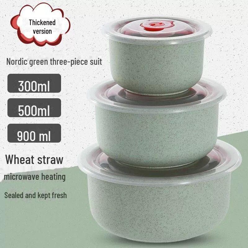 Eco-Friendly Wheat Straw Bowl Set: 3-Piece Food Storage with Lids, Microwave Safe for Reheating, Perfect for Fridge Use. three-piece set