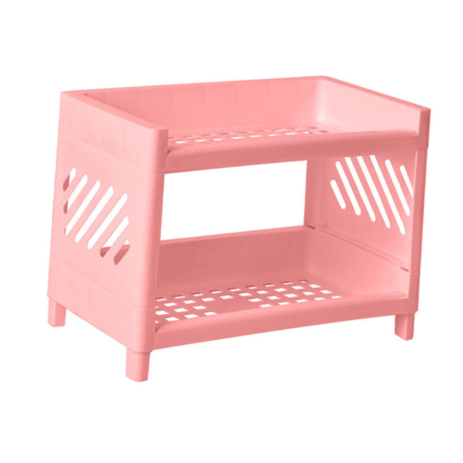 2 Tier Desktop Shelf Plastic Desktop Storage Organizer Rack for Bedroom Dorm Office Pink pink