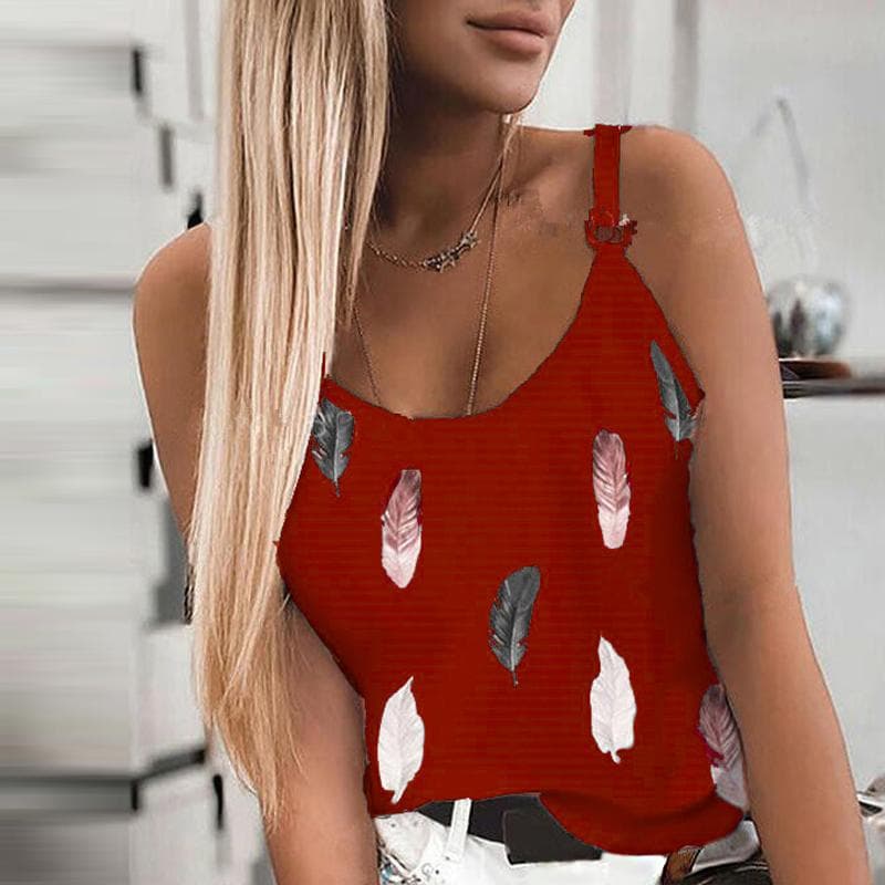 New Women Fashion Summer Casual Feather Print Spaghetti Straps Sleeveless Tank Tops M red