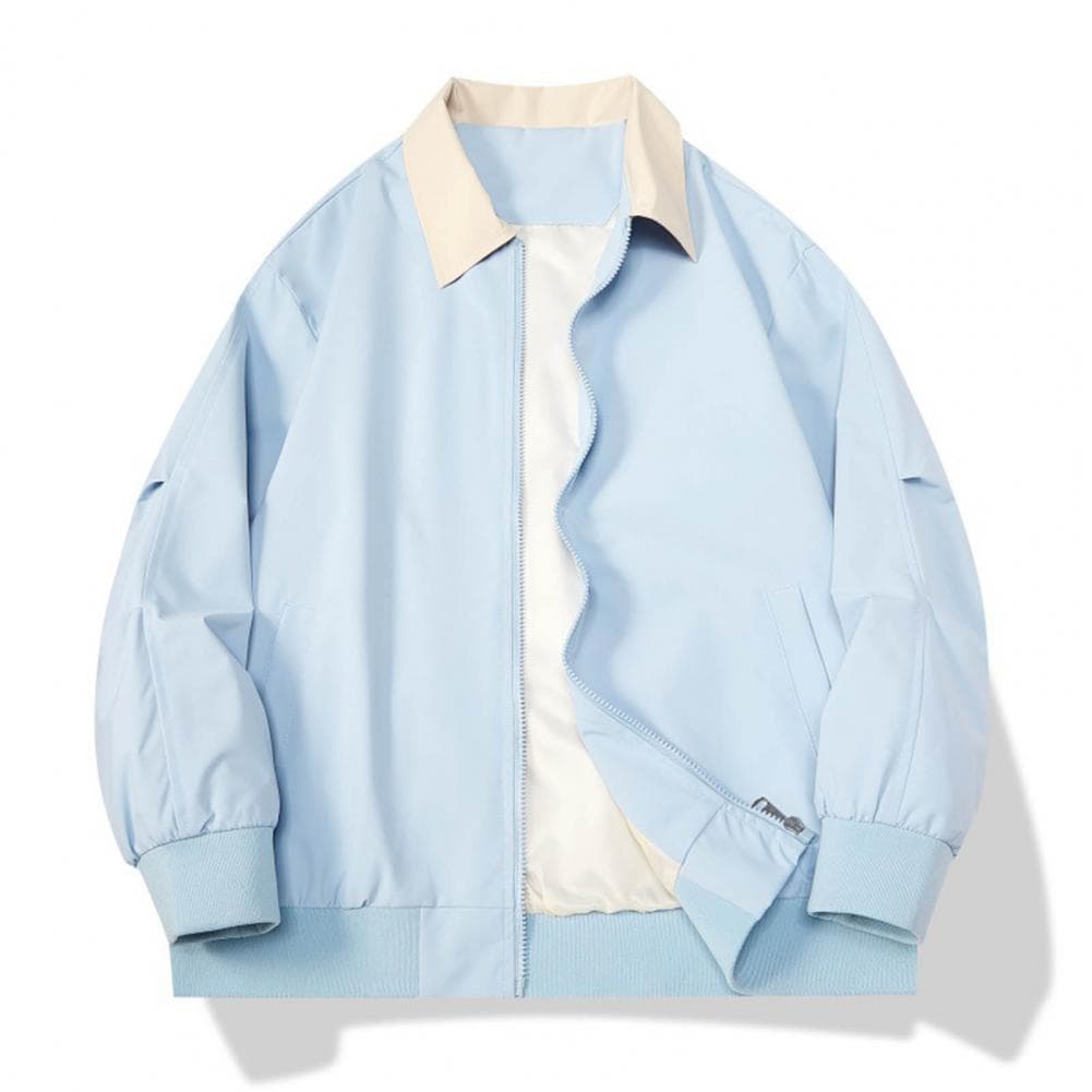 Women Casual Coat Lapel Long Sleeve Patchwork Color Elastic Hem Jacket Zipper Placket Autumn Outwear M light blue
