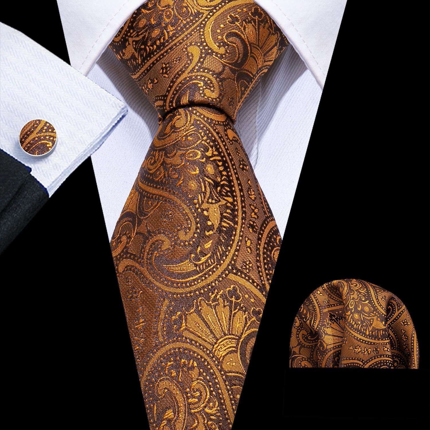 Hi-Tie Mens Accessories Silk Tie Handkerchief Cufflinks Set for Wedding Party Floral Solid Necktie N-1551