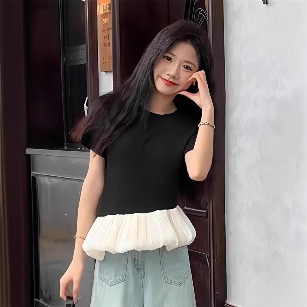 Design Sense Ballet Style Round Neck Short-sleeved T-shirt for Women In Summer Waist-retted Base Shirt Top XL black