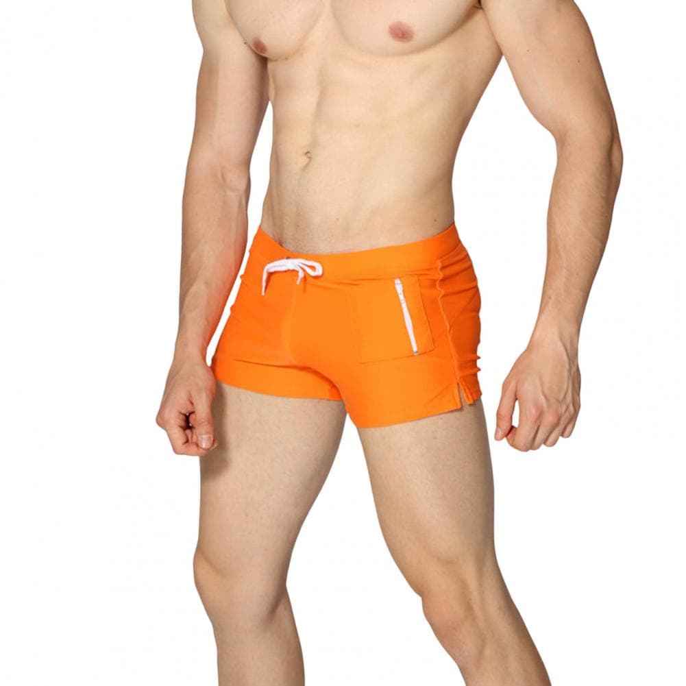 Men Swimming Shorts Drawstring Elastic Waist Zipepr Pockets Quick Dry Slim Fit Solid Color U Convex Mid Waist Bathing Boxers Sur M orange