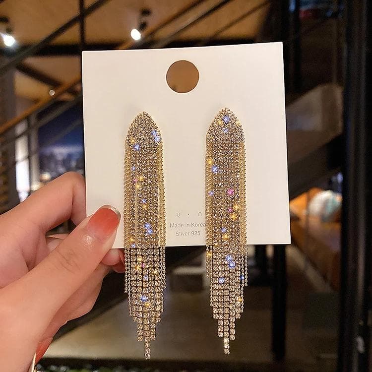 1 Pair Ladies Exaggerated Long Tassels Rhinestone Earrings Fashion Earrings Party Jewelry gold