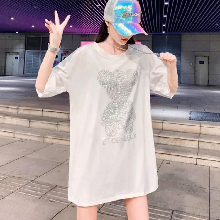 Heavy Industry Ironing Bear Short-sleeved T-shirt for Women's Summer New Loose Mid-Length Style XXXL white