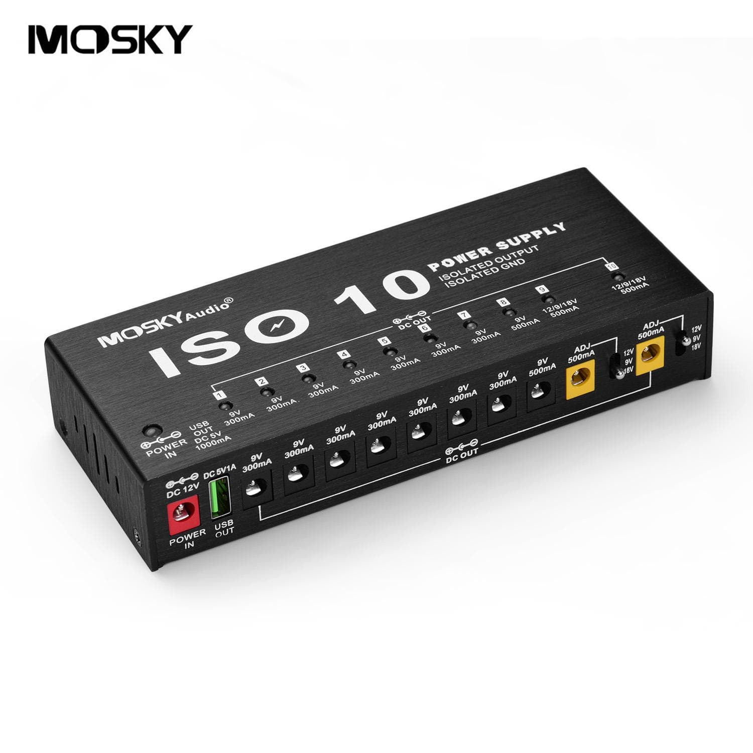 MOSKY ISO-10 Portable Guitar Effect Power Supply Station 10 Isolated DC Outputs & One 5V USB Output US Plug