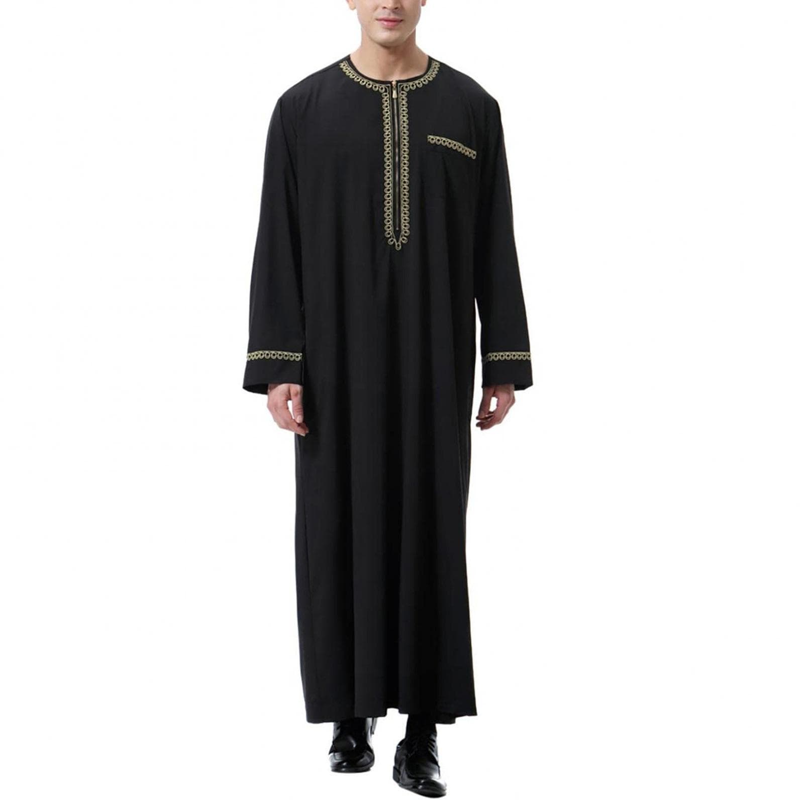 Cool and Handsome Menswear Men's Saudi Arabic Long Sleeve Robe Ramadan Muslim Dress Middle Islamic Clothing L black