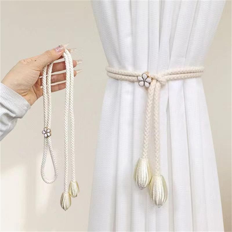 1 Adjustable Hand Braided Curtain Fasteners with Small Metal Drapes - No Punch Size Universal Elastic Curtain Strap Other ivory