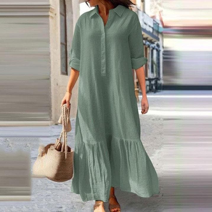 Summer Cotton Linen Women Dress Black Loose Long Sleeve Shirt Dresses Female Summer Casual Oversize Elegant Clothes Ladies L dark green