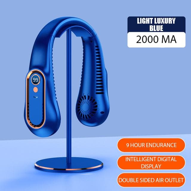 New Portable Mini Hanging Neck Fan Digital Display Power ventilador Bladeless Neckband Fan Air Cooler USB Rechargeable Electric Fans navy blue