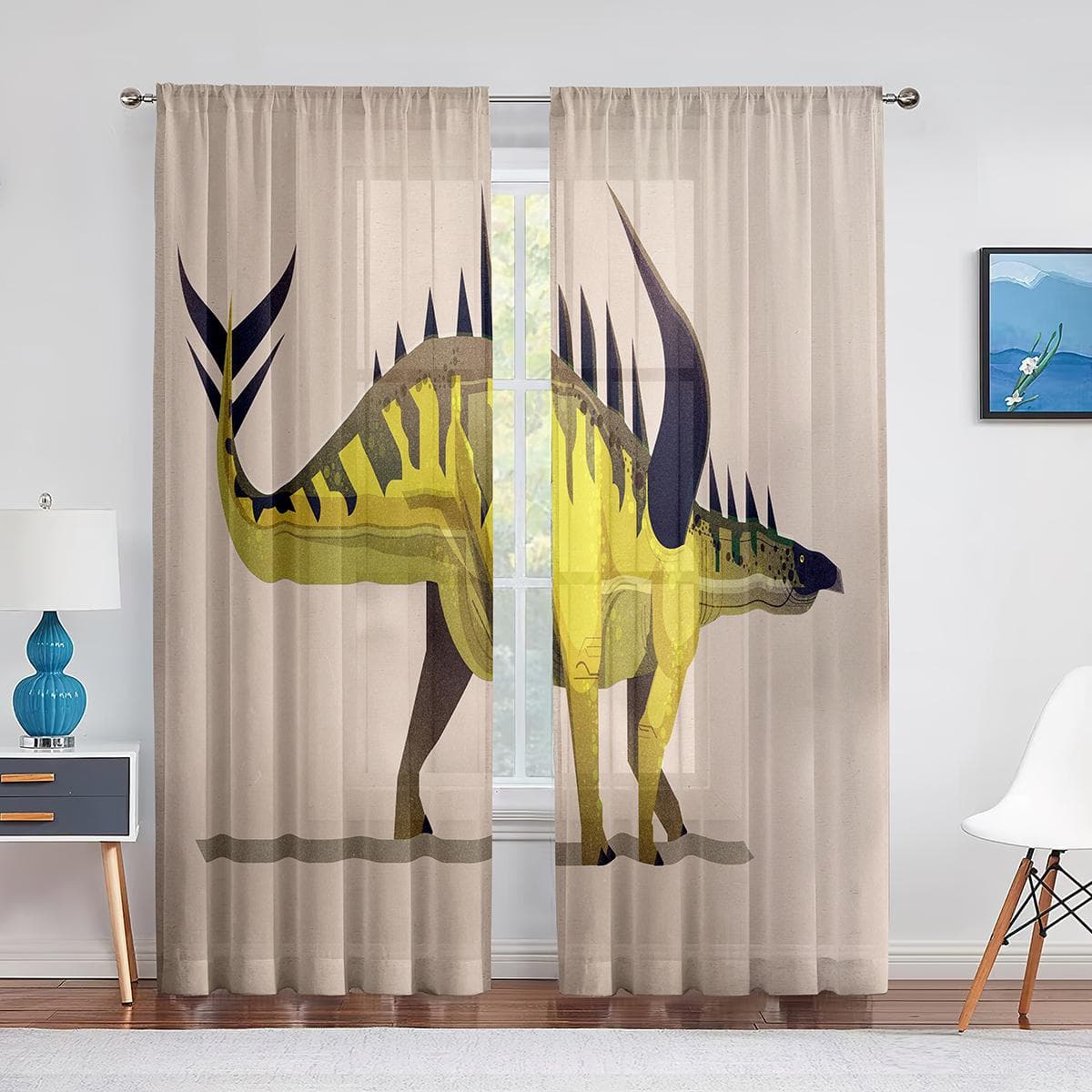 Dinosaur Cartoon Dino Animal Tulle Sheer Window Curtains for Living Room Kids Boys Bedroom Modern Tulle Voile Curtain Decoration 1 PCS W100XH250cm&Grommet Top