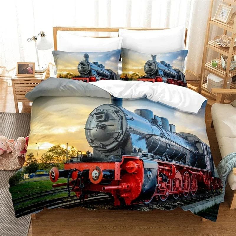 3D Train Steam Engine Bedding Set,Duvet Cover Comforter Bed Set Quilt Cover Pillowcase,King Queen Twin Size Boys Girls Adults 140x200cm 2pcs