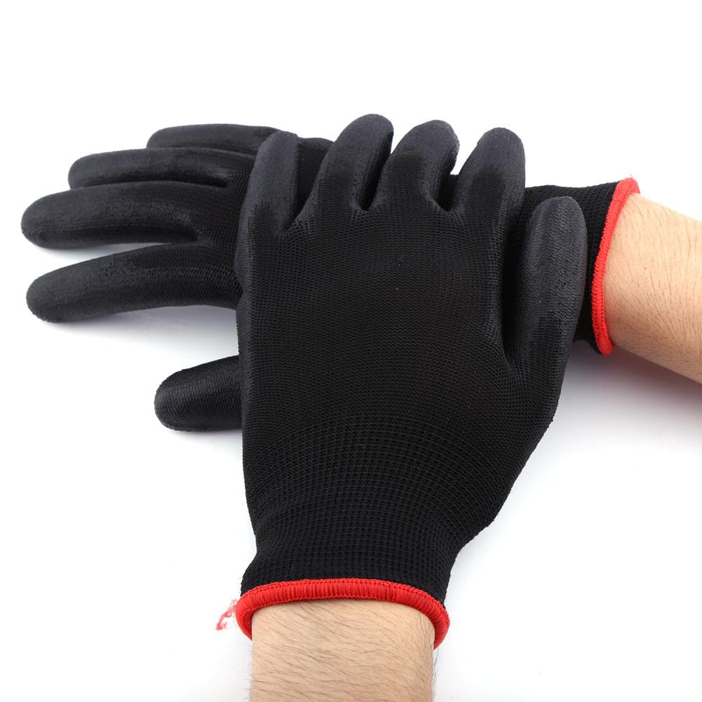 Black Color Nylon PU Safety Palm Coating Work Gloves Brown Strip(L)