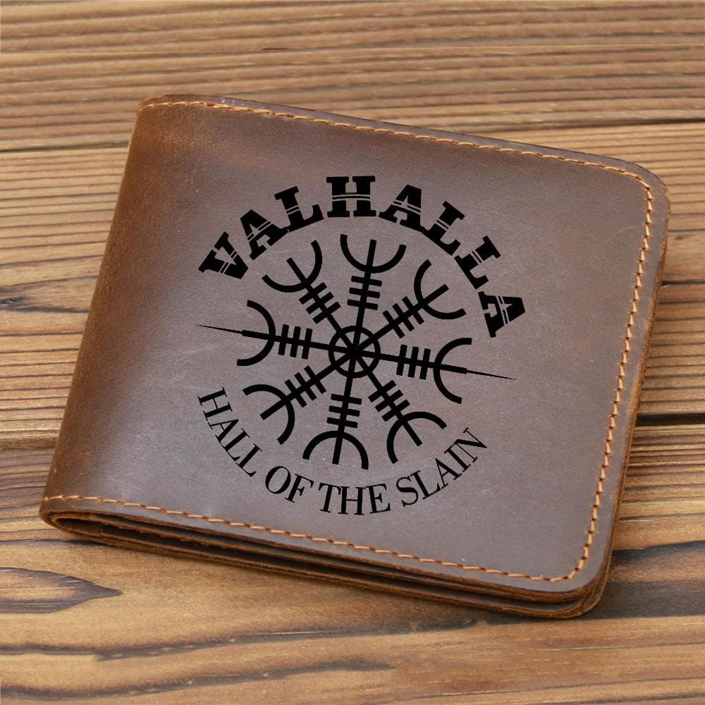 Norse Mythology Valhalla Viking Leather Wallet for Men with Coin Pocket Hall of The Slain Minimalist Wallet Genuine Leather brown