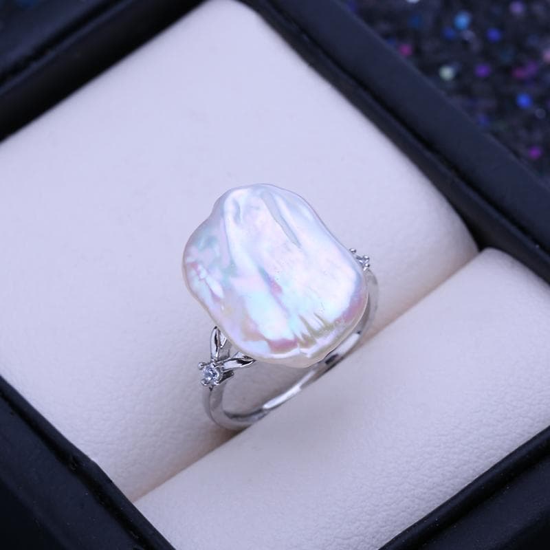 LSOOYH Natural Freshwater Big Button Baroque Pearl Rings For Women Trendy Silver Color Office Ring Birthday Gifts Wholesale adjustable