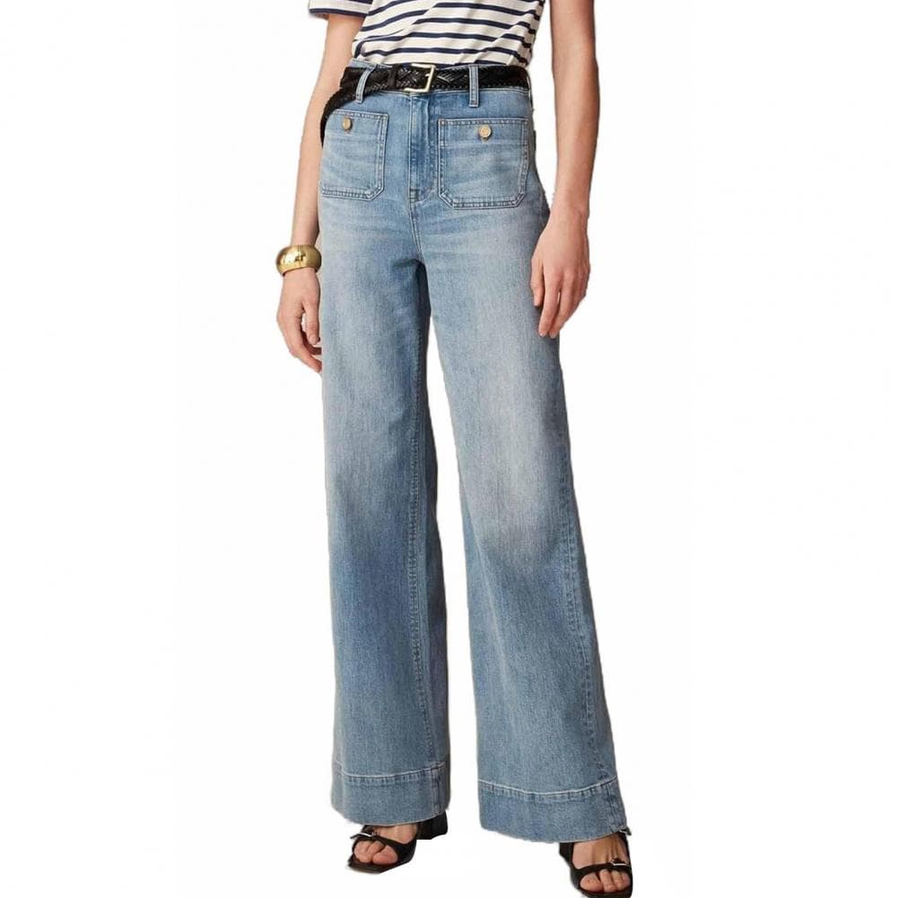 Women Jeans Flared Hem Straight Stretchy Vintage Loose Wide Leg High Waist Casual Multi Pockets Button Decor Streetwear L light blue