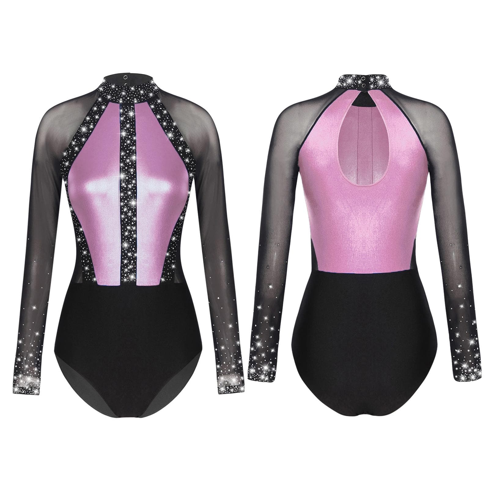 Women's Rhinestone Ballet Gymnastics Dance Leotard Bodysuit Long Sleeve Figure Skating Dance Costume M pink