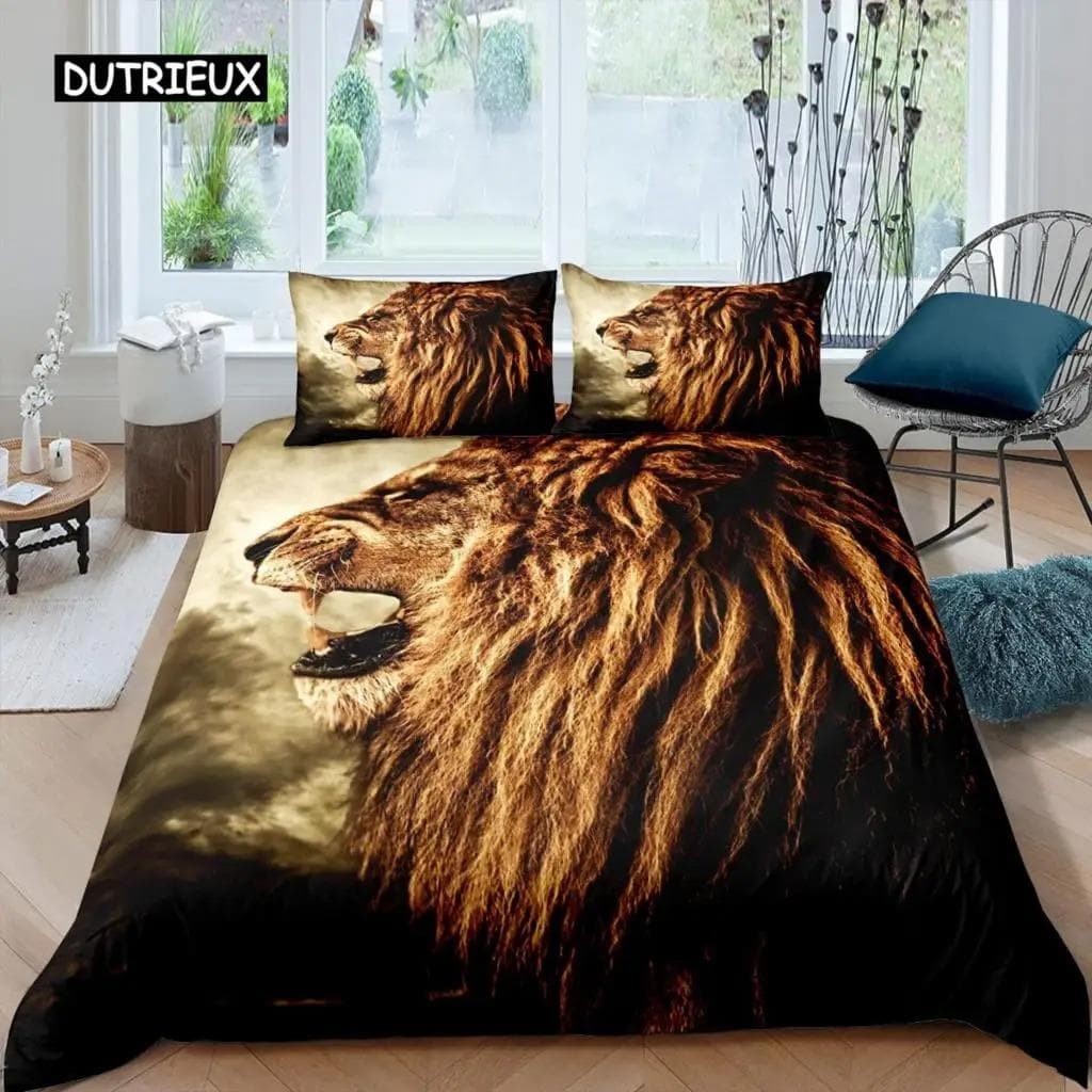Lion Duvet Cover Set King Size Africa Wildlife Big Cat Bedding Set Golden Lion Resting 23 Pcs Kids Animal Twin Comforter Cover EU Double 200x200cm